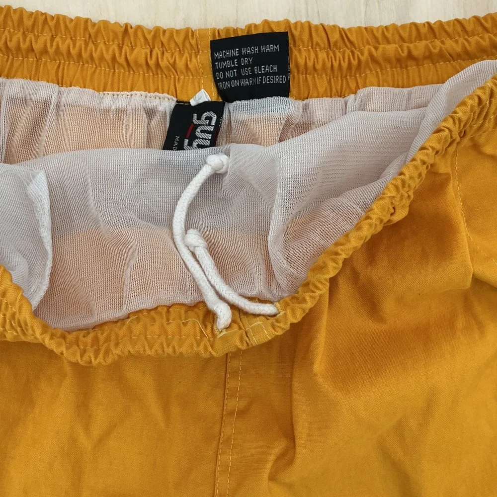 80s Guys Swim Trunks Men M Yellow Solid Mesh Lined Athletic Summer Beachwear